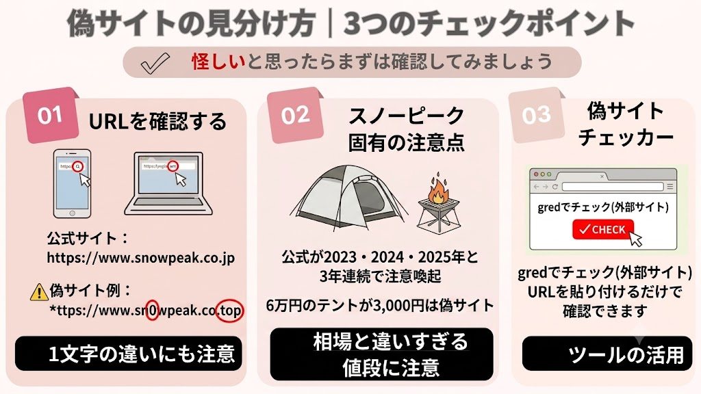 スノーピークの偽サイトを見分ける3つのチェックポイント(URL確認・固有の注意点・チェックツール)