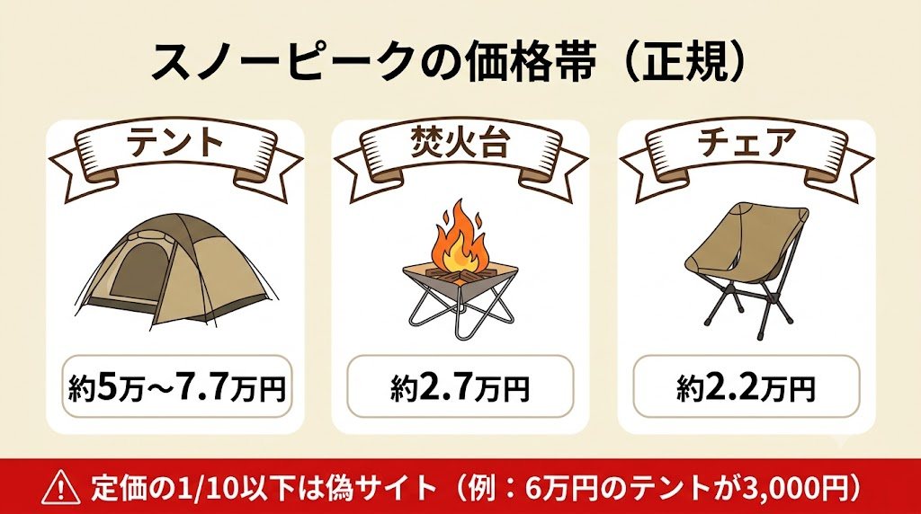 スノーピークの正規価格帯(テント約5万〜7.7万円・焚火台約2.7万円・チェア約2.2万円)と、定価の1/10以下は偽サイトという警告の図